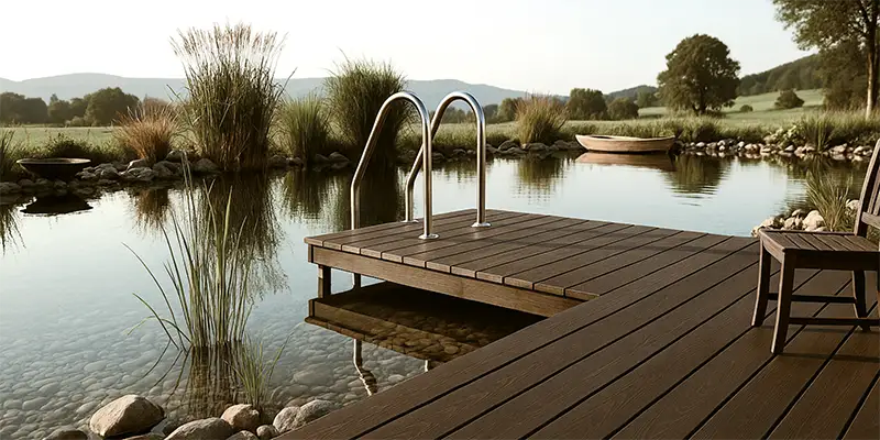 Langlebiger Thermoholz-Steg mit Leiter an einem Naturpool, umgeben von Schilf und grüner Landschaft.