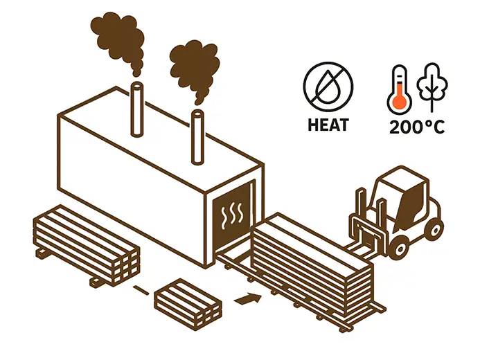 Herstellungsprozess von Thermoholz durch Erhitzen bei 200°C, dargestellt als Infografik."